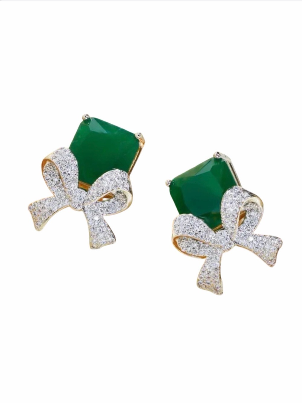 Bow Emerald Green Crystal Stud Earrings NWT Rhodium Plated